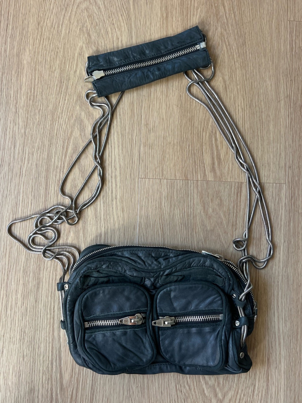 Alexander Wang Brenda Black Leather Crossbody with Silver Chain Strap